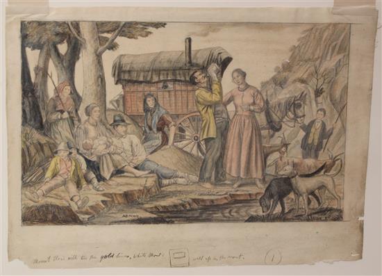 Job Nixon (1891-1938), Gypsies, pencil & watercolour